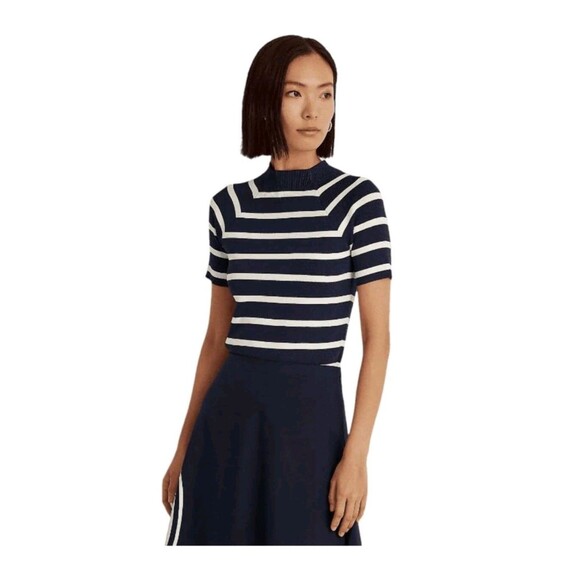 Lauren Ralph Women’s Striped Short-Sleeve Sweater French Navy/Mascarpone XL - Picture 1 of 8